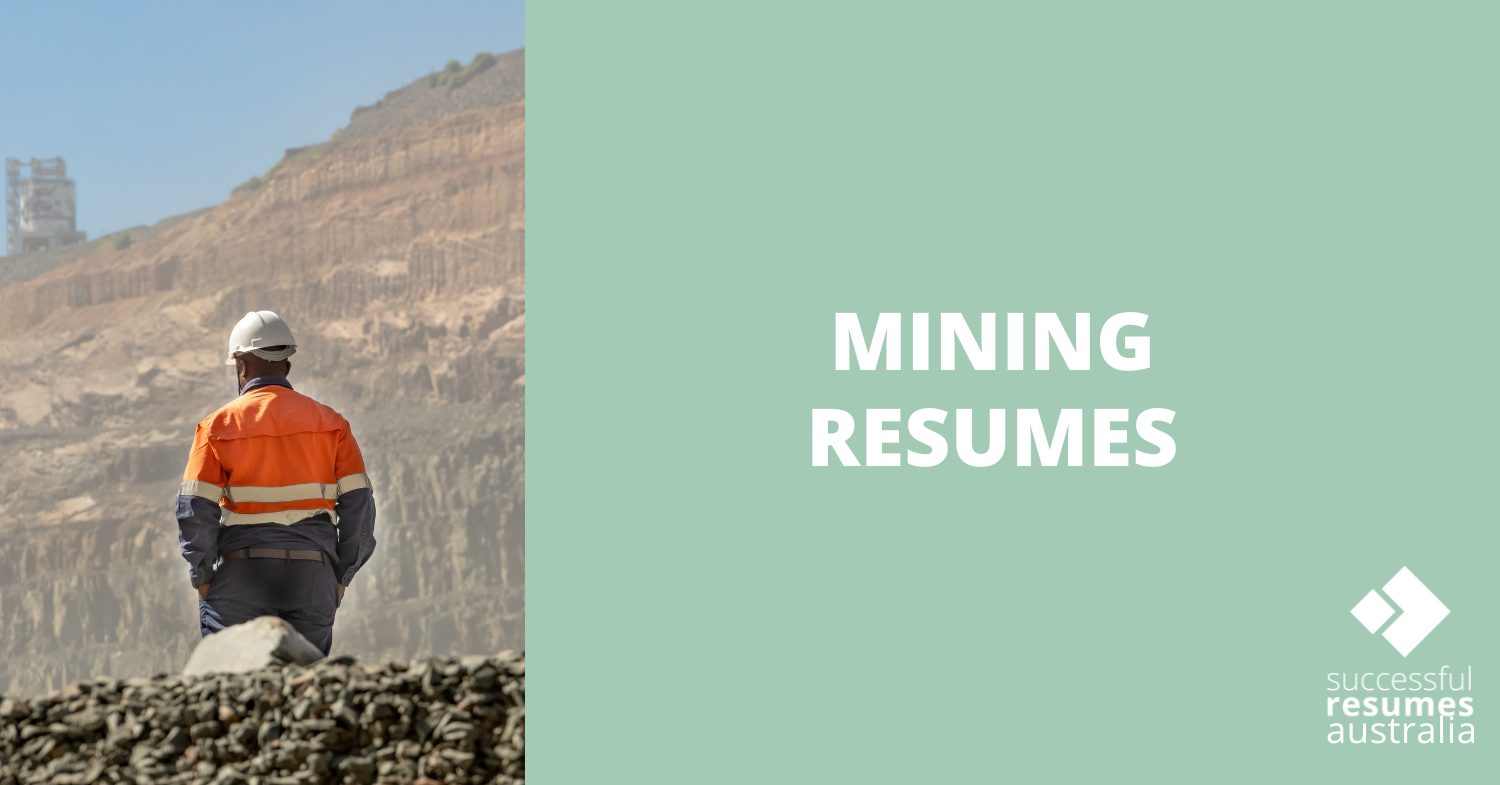 Person in hi-vis PPE standing in a mining site next to the words “Mining Resumes” on a green background, representing professional resume writing services for the Australian mining industry.